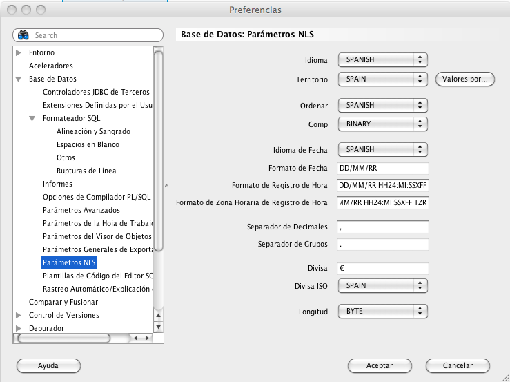 Configuración de parámetros NLS en Oracle SQL Developer