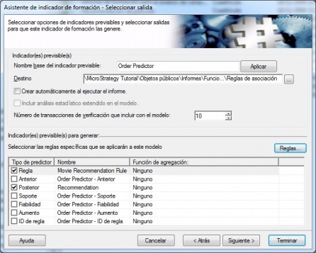 Opciones de indicadores previsibles a generar - MicroStrategy