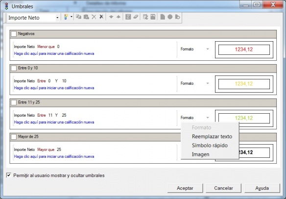 Editor de umbrales de los informes de Microstrategy