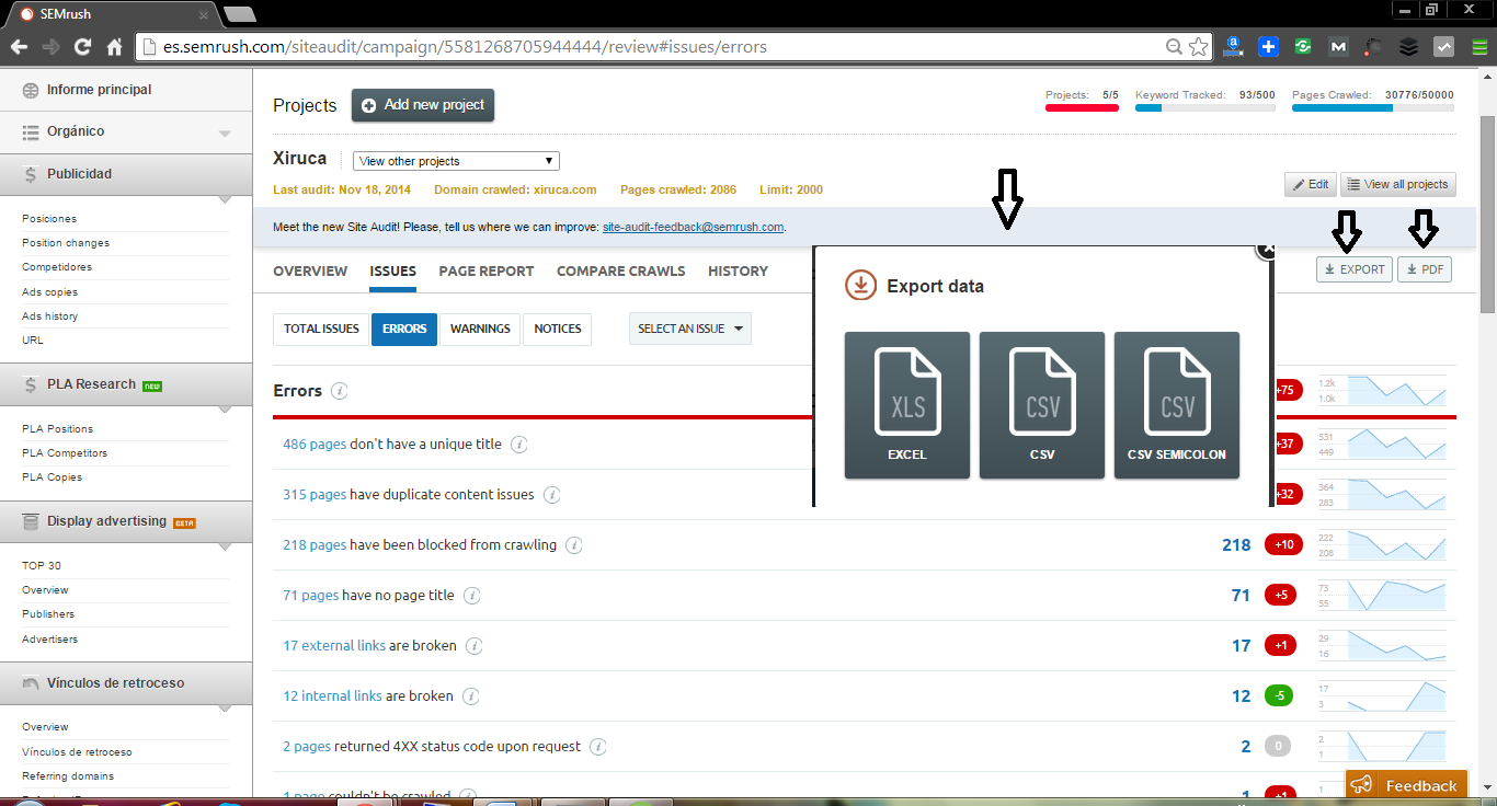 Scarica revisione risultati SEO file Semrush SEMRush API