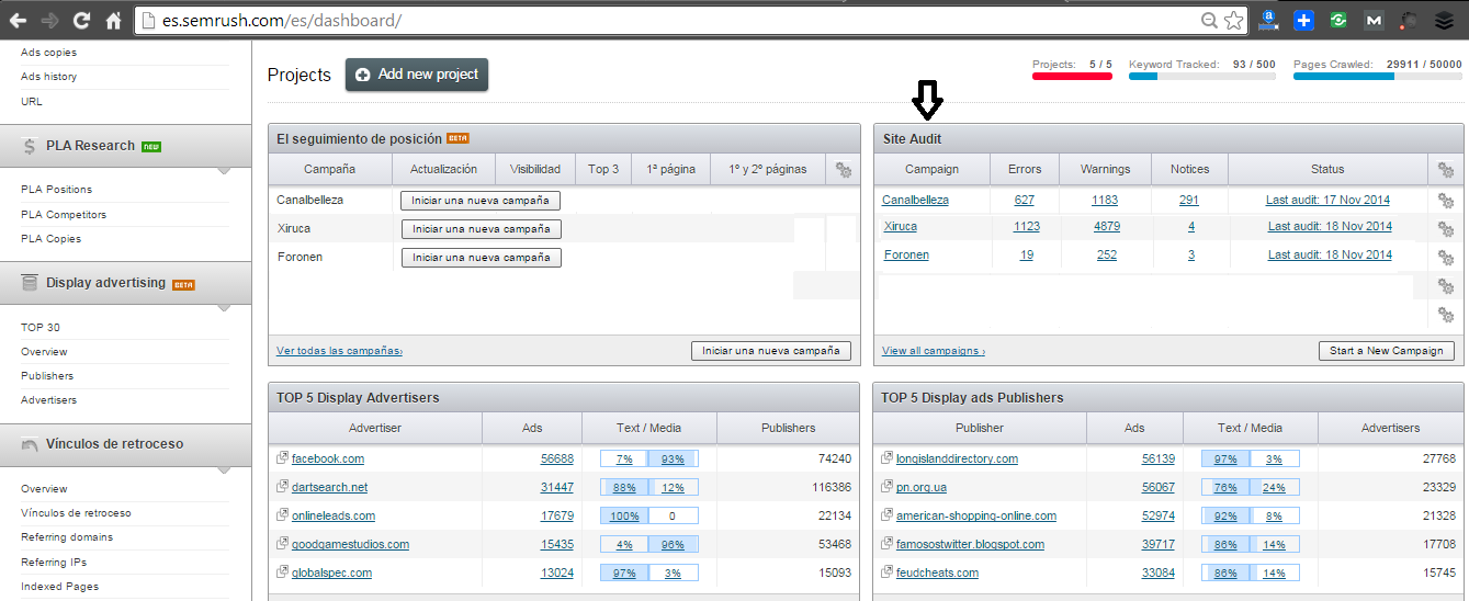 Strumento Dashboard SEO Semrush SEMRush API