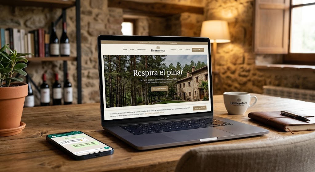 Un ordenador portátil abierto sobre una mesa rústica de madera que muestra el rediseño de una página web para un alojamiento rural con el titular "Respira el pinar". En primer plano, a la izquierda, un teléfono móvil muestra una ventana abierta con un chat automatizado de WhatsApp. El fondo muestra un salón acogedor con paredes de piedra y una iluminación cálida.