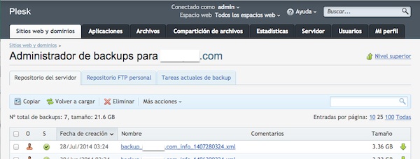Repositorio backups servidor Plesk