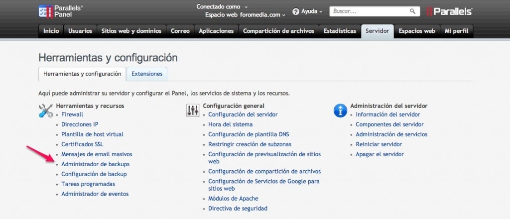 Administrador de Backups de Plesk