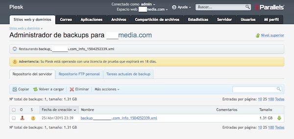 Restaurar un backup de Plesk
