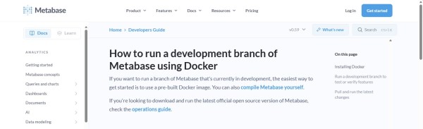 Documentación oficial de Metabase mostrando comandos docker pull y docker run