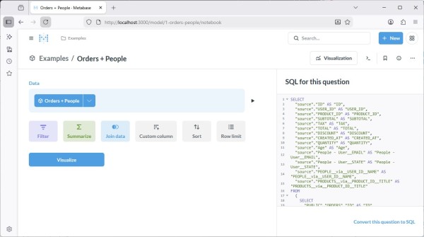 El Query Builder de Metabase mostrando Data, Filter, Summarize y Visualize