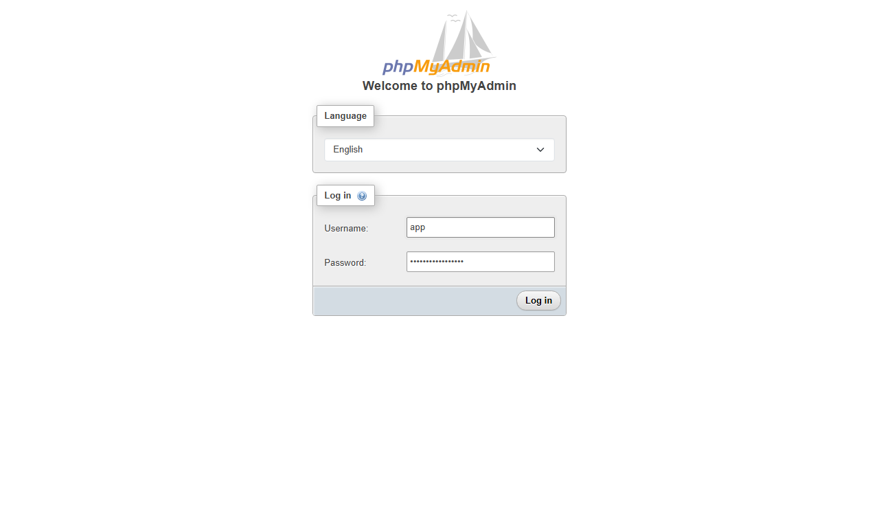 Pantalla de inicio de sesión de phpMyAdmin con el usuario app