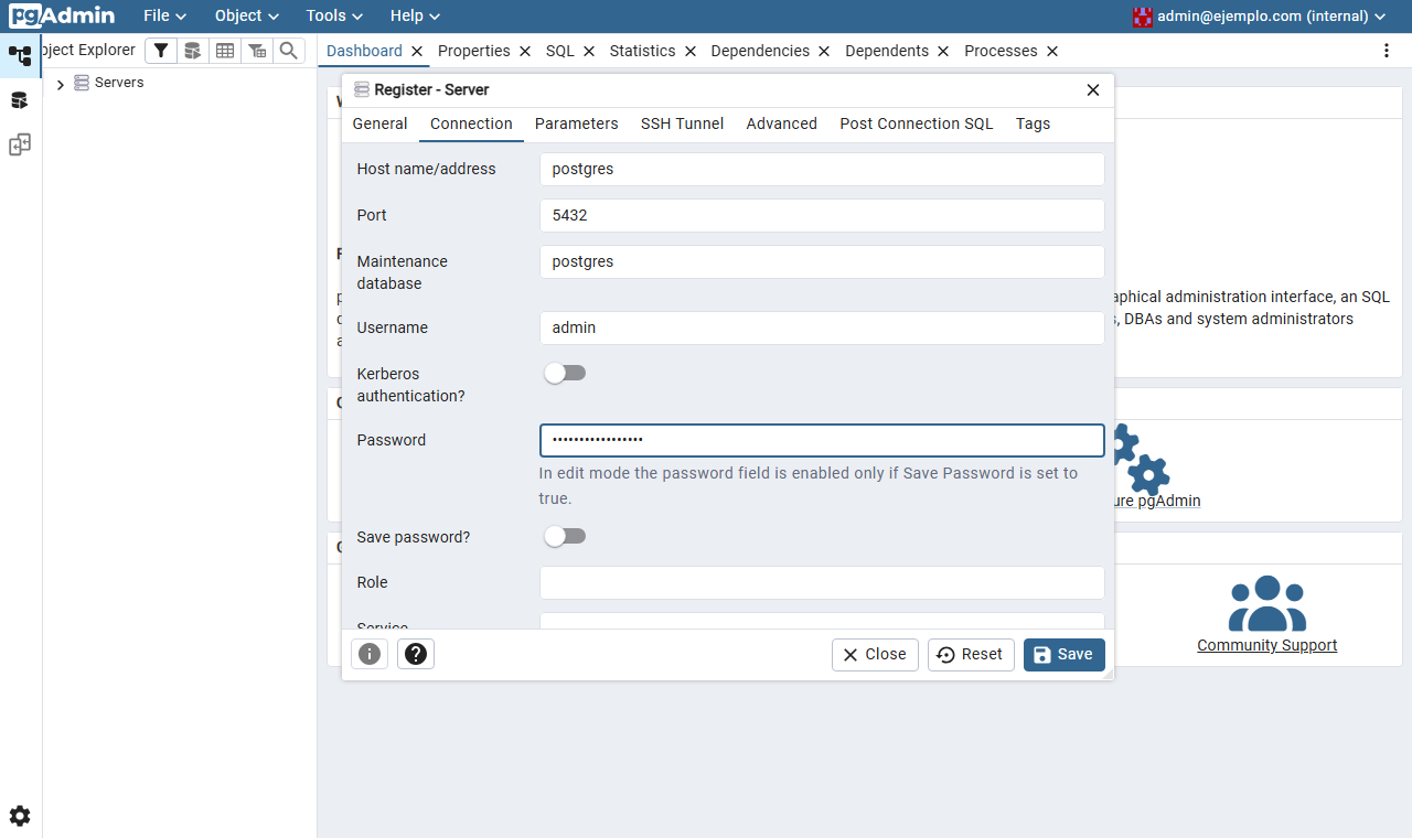 Ventana Register - Server de pgAdmin, pestaña Connection, con el host postgres, el puerto 5432 y el usuario admin