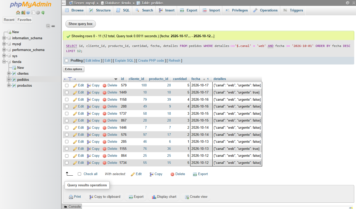 phpMyAdmin conectado a MySQL: árbol de la base de datos tienda y resultado de una consulta que filtra por un campo JSON