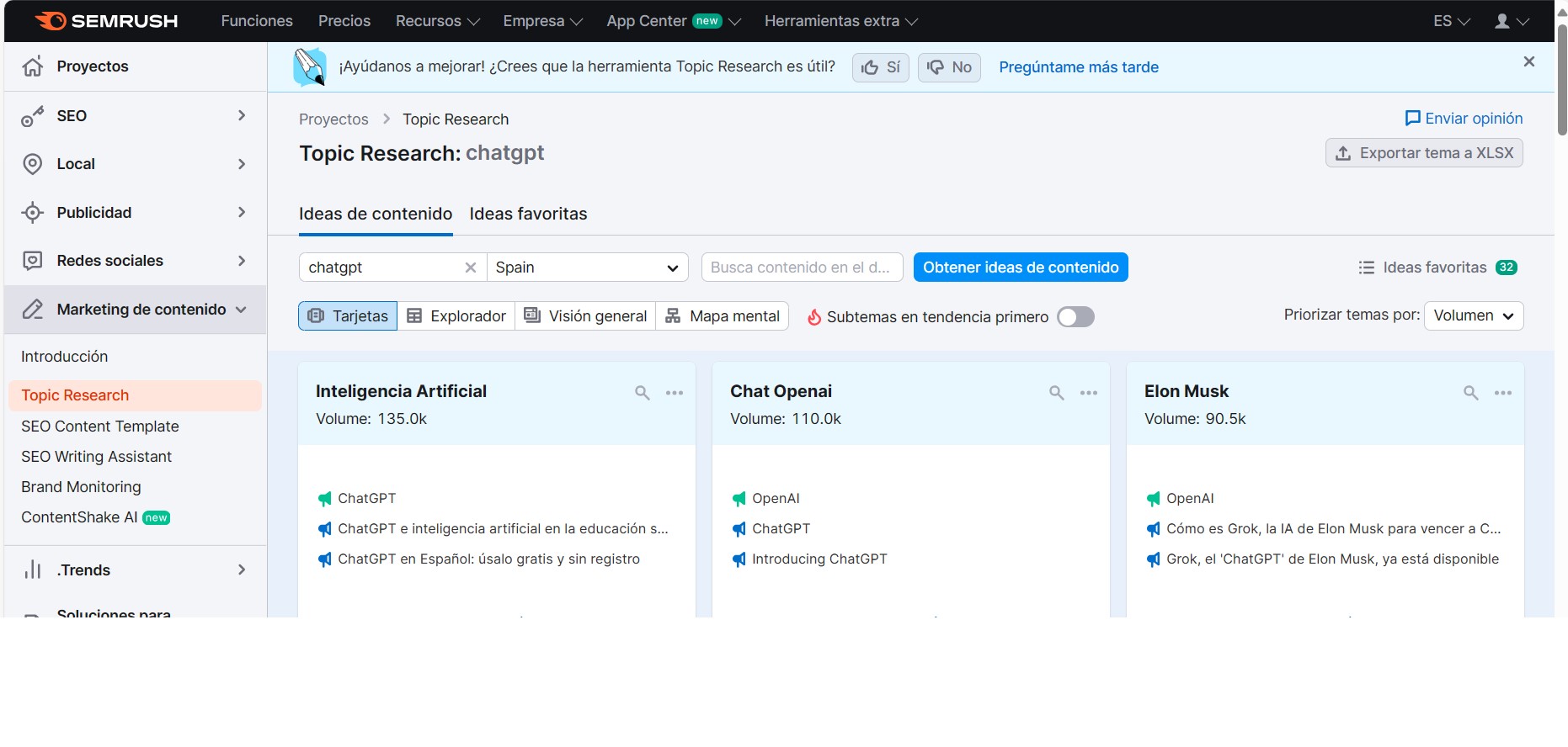 "Semrush Topic Research para obtener ideas de contenido"
