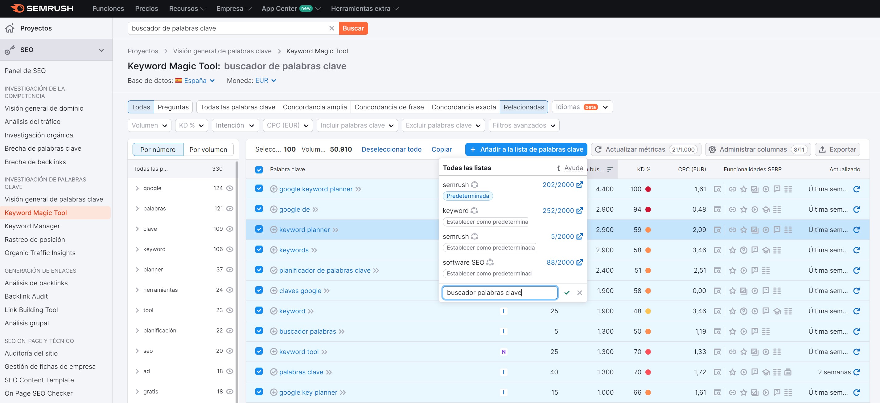 Lista de palabras de Semrush