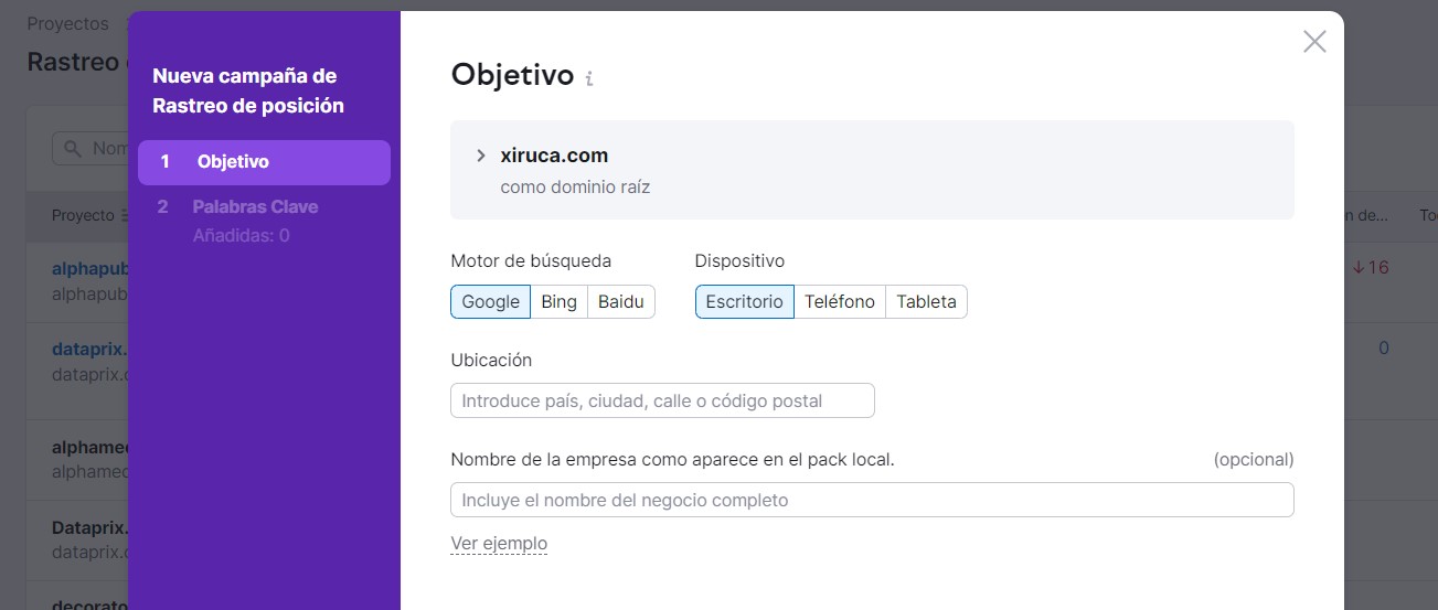 Proyecto de seguimiento SEO en SEMrush