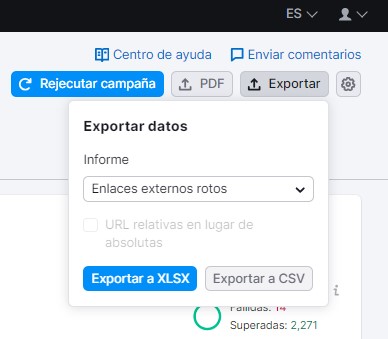 Descarga de resultados auditoria SEO a ficheros en Semrush