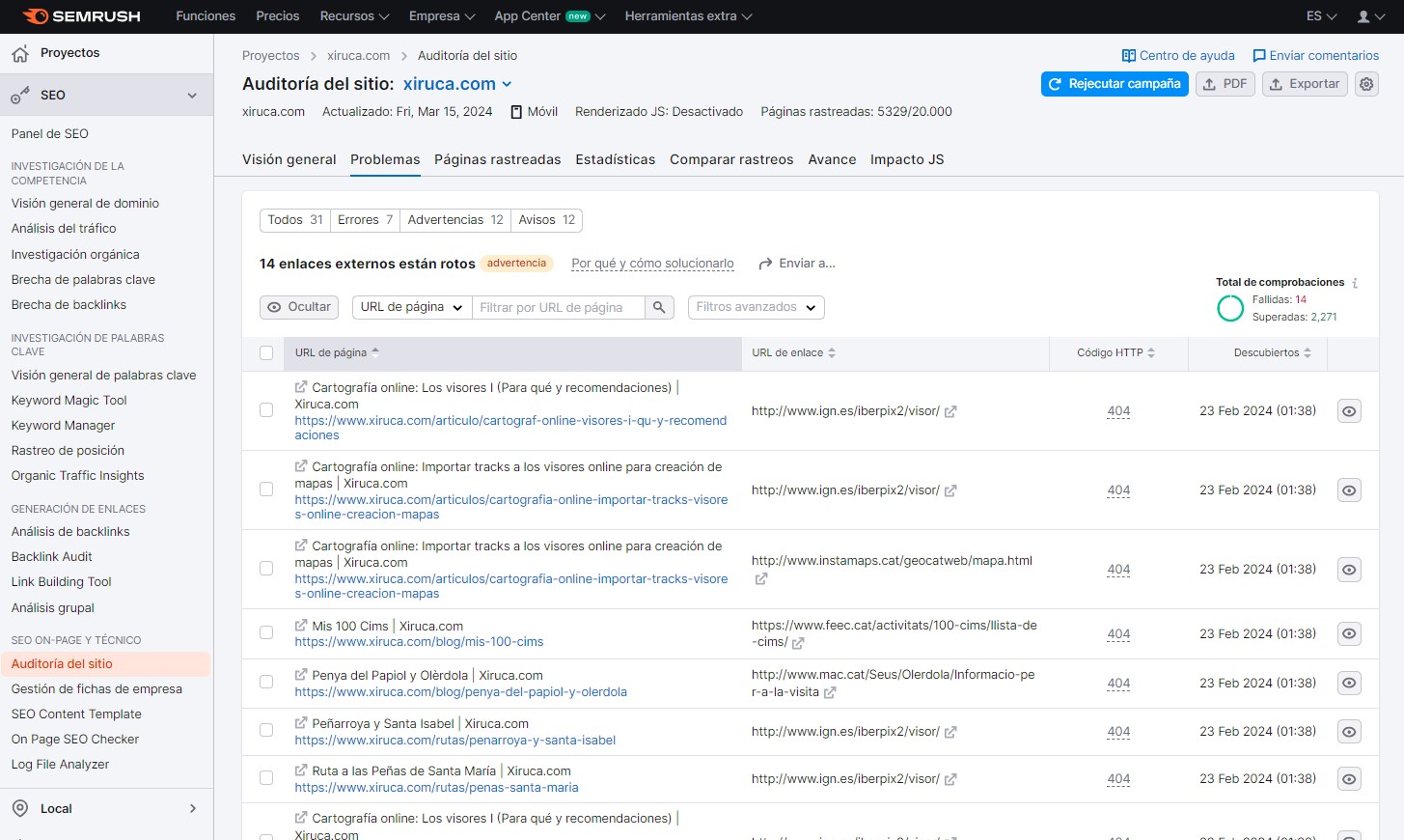 Enlaces rotos detactados por Semrush